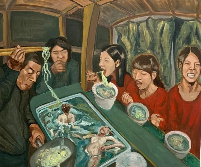 a painting of a family eating noodles