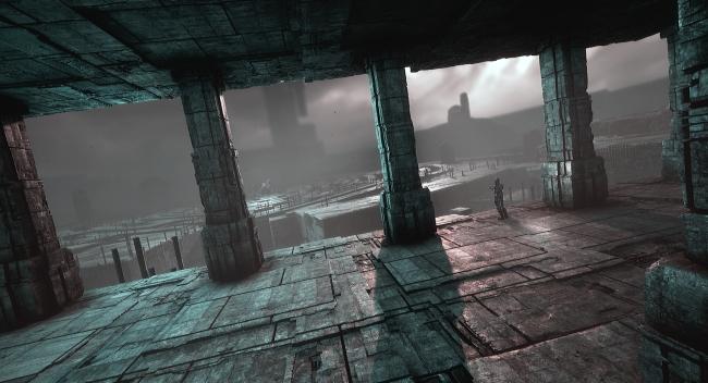 a scene in a video game with dark columns and an eerie background