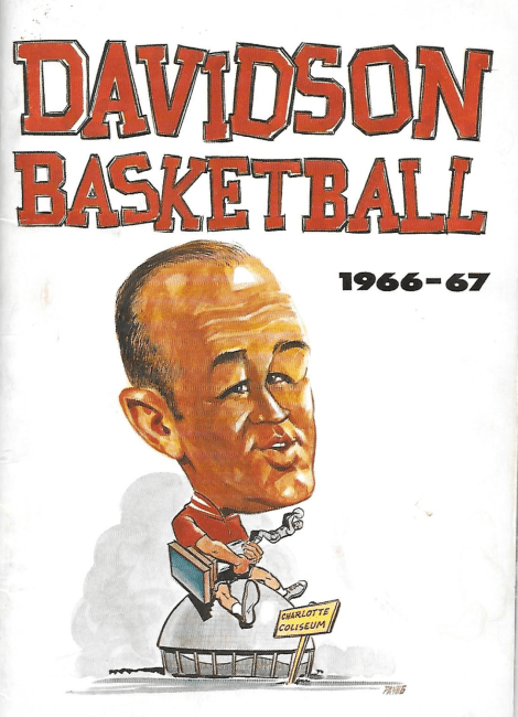 a caricature of a white man with the words "Davidson Basketball" over him