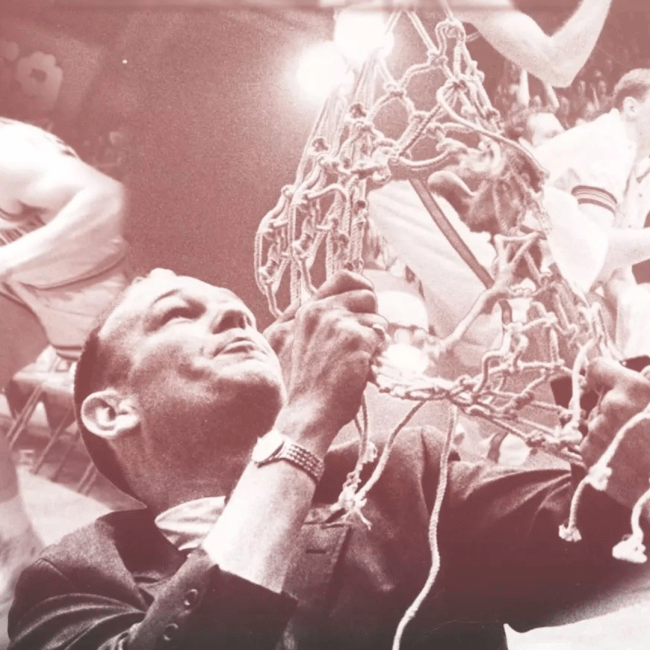a black and white photo compilation of a coach cutting a net
