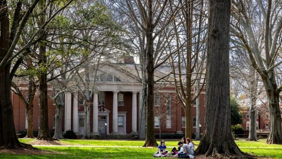 students study under tree on green grass in front of academic building