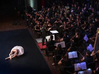 Ballet dancer is accompanied by Orchestra