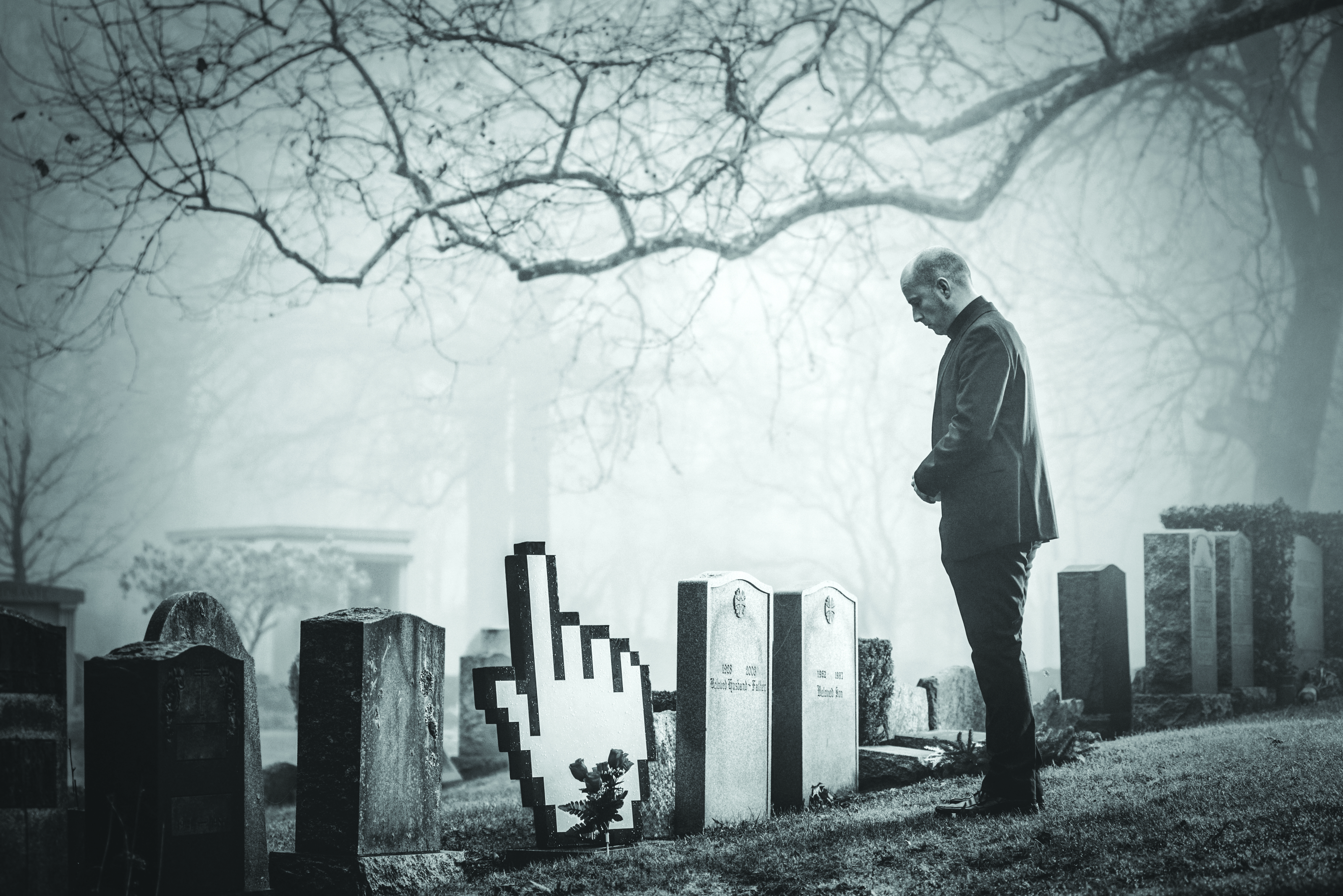 Death in the digital age image of man looking at graveyard