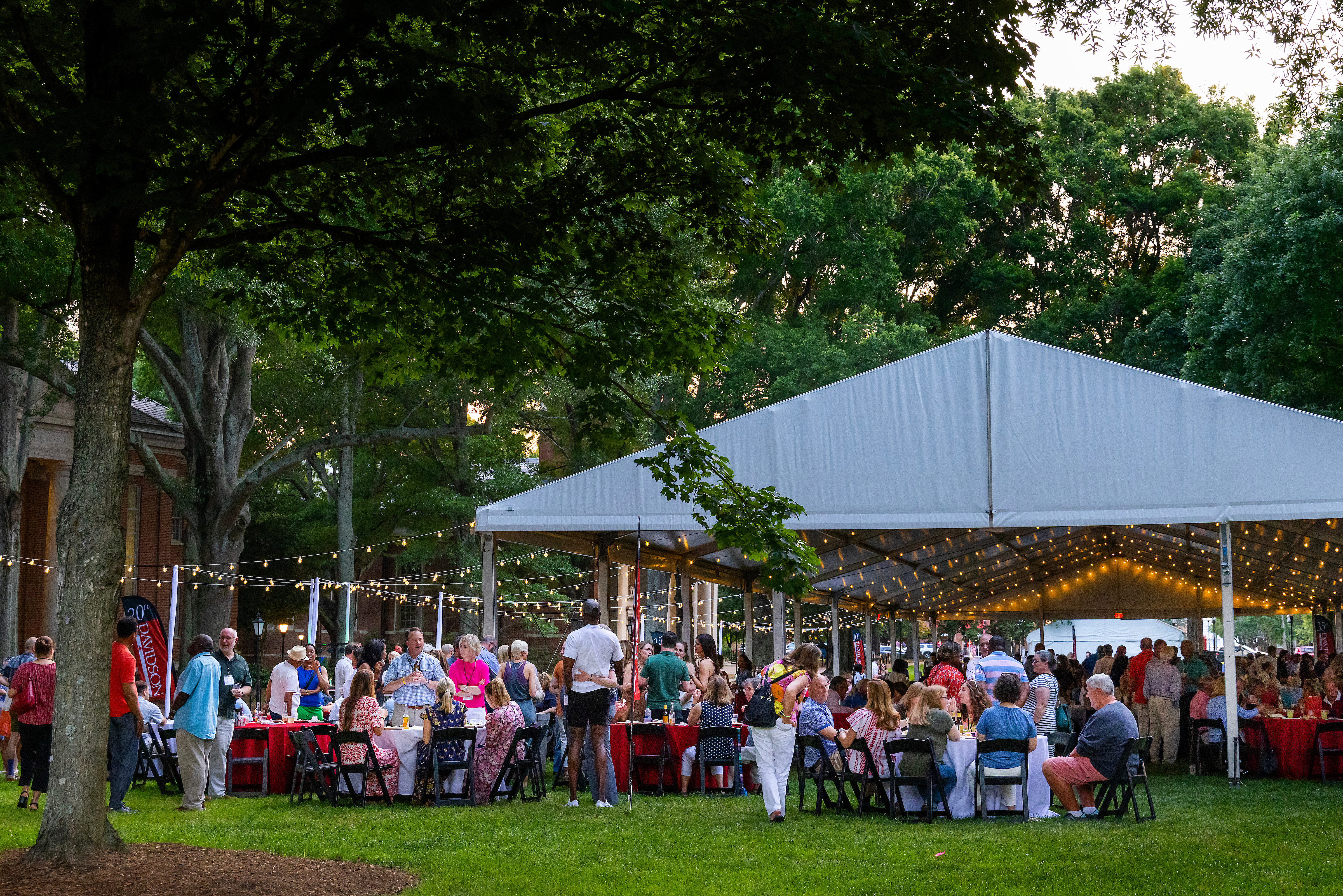 a tent surrounded by string lights at dusk