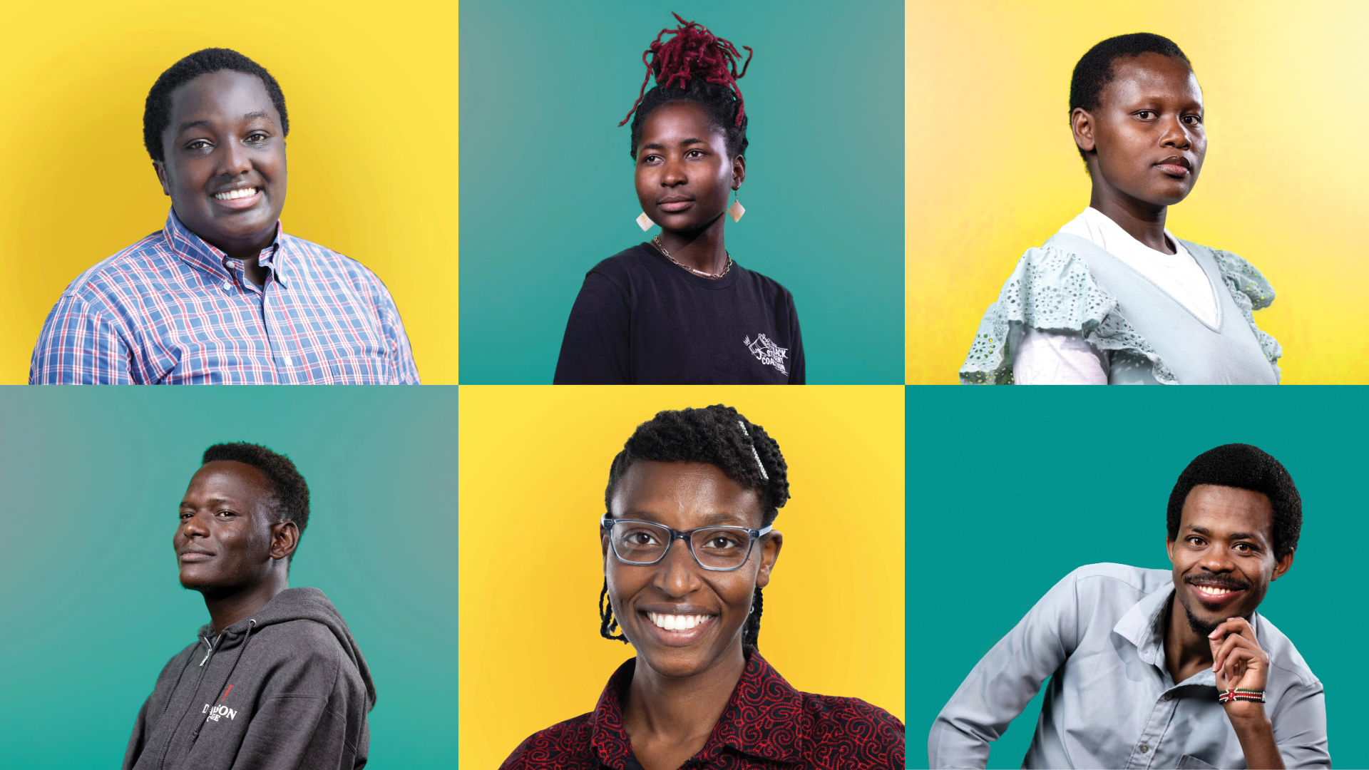 a compilation of headshots on teal and yellow backgrounds picturing young Black men and women