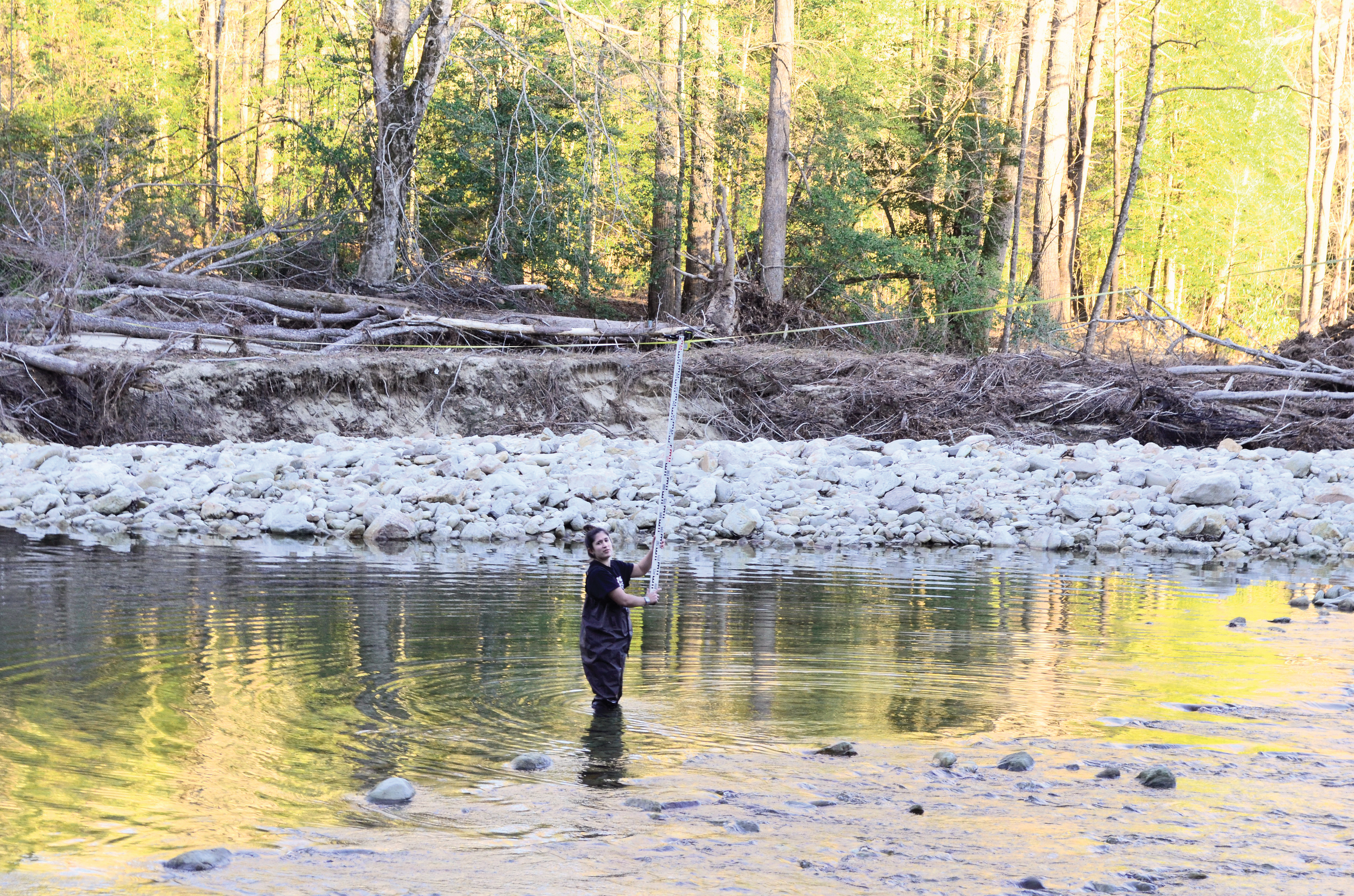 a young woman measures water in a forested area on a sunny day
