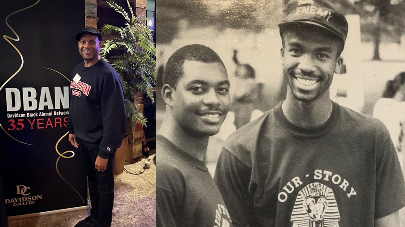 Collage of Linsey Mills ’92 standing next to DBAN sign, vintage photo from college days