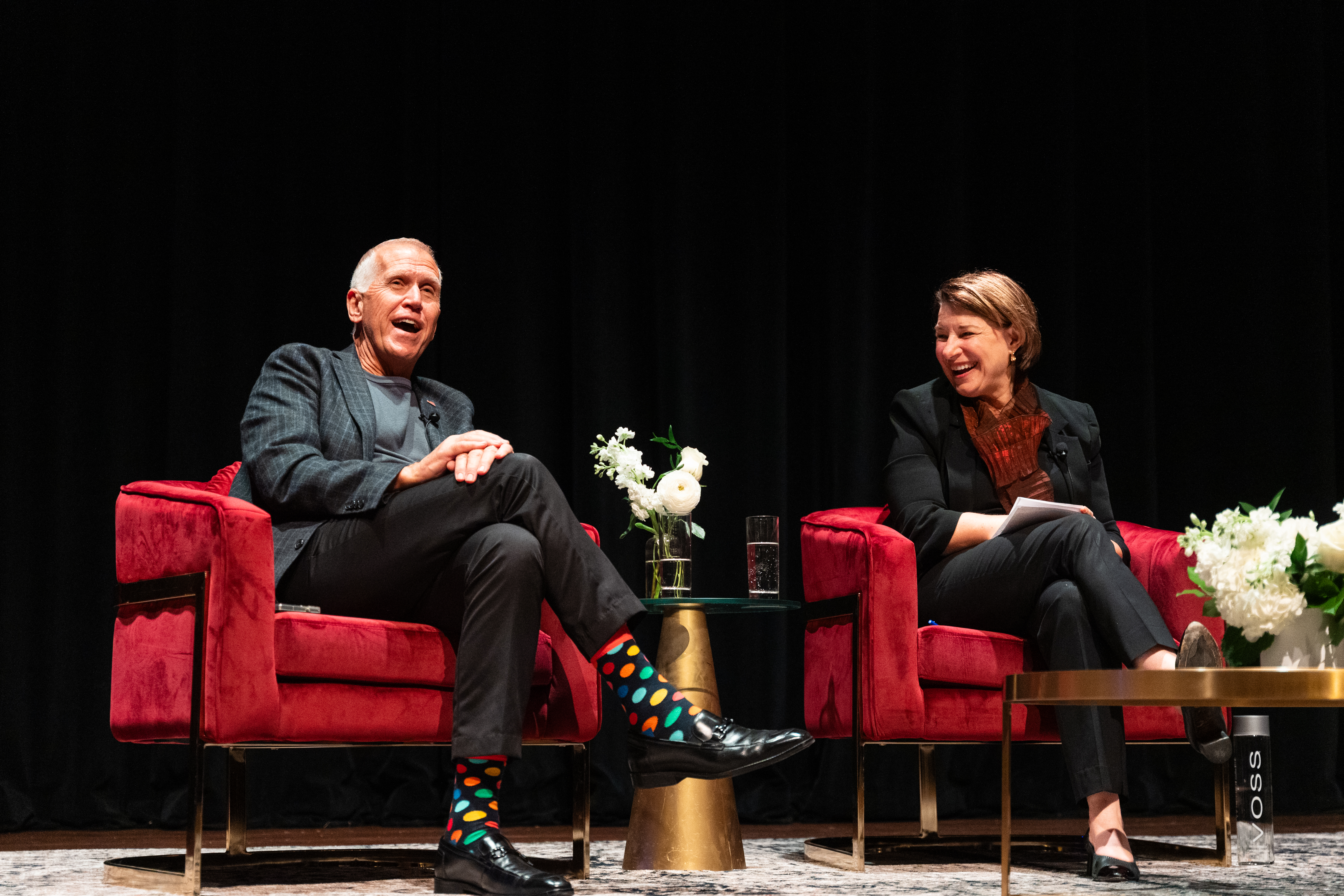 U.S. Senators Thom Tillis and Amy Klobuchar on stage at Davidson College