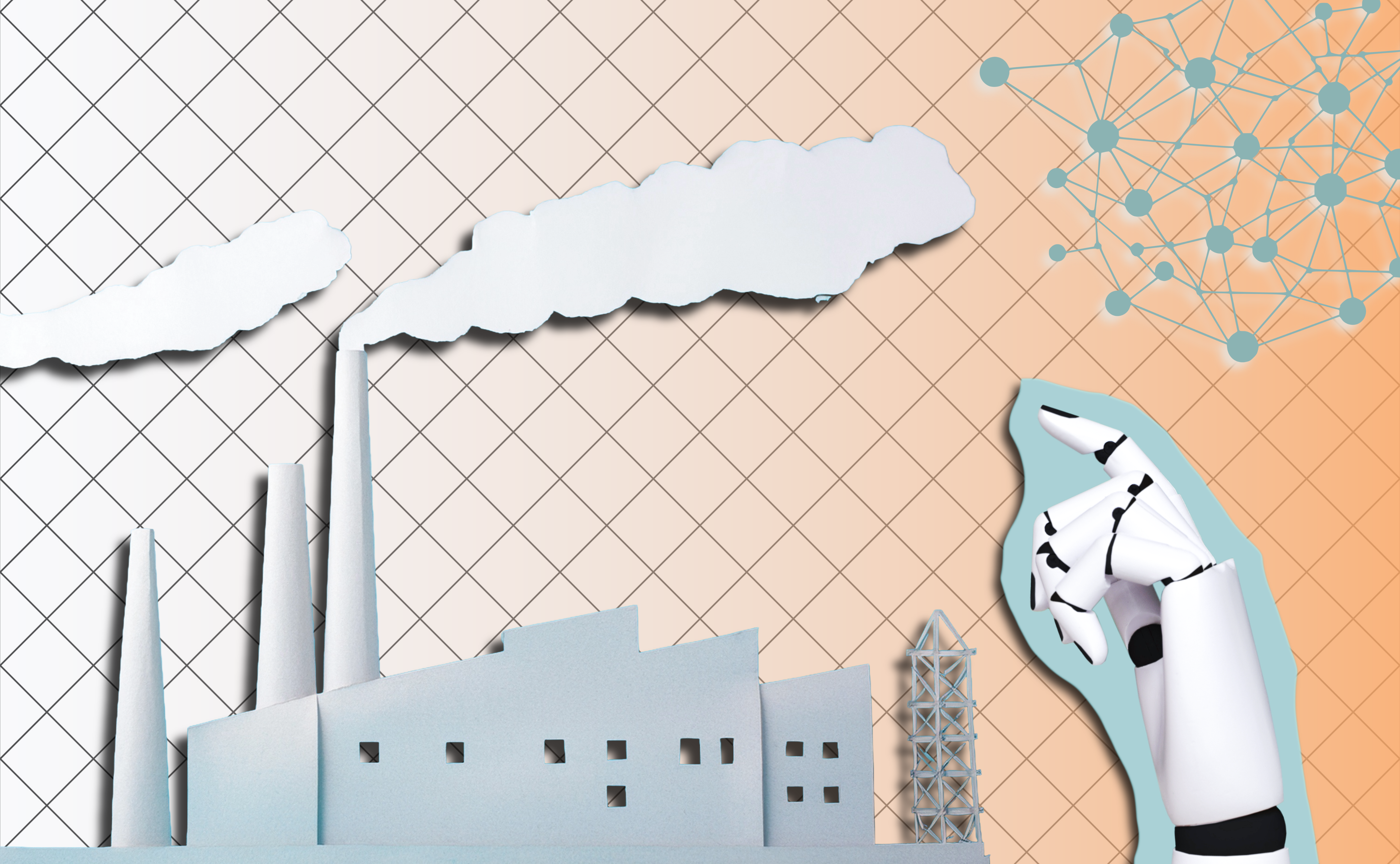 a graphic of a factory and robotic hand