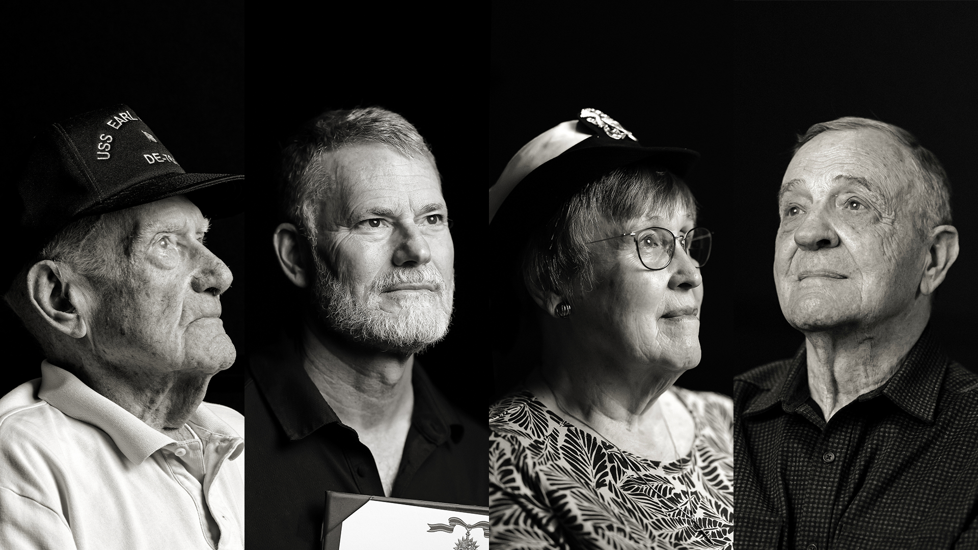 Four people of varying ages look away from the camera in stark lighting