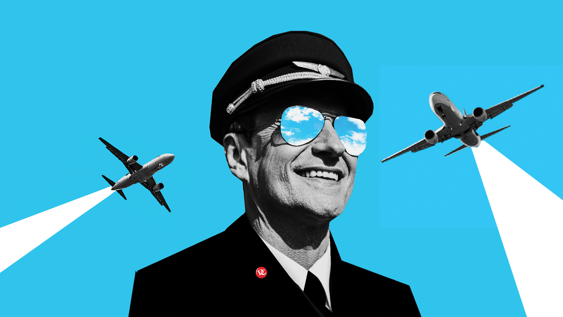 A pop-art style collage in blue and black and white featuring 2 planes and a pilot with aviator sunglasses