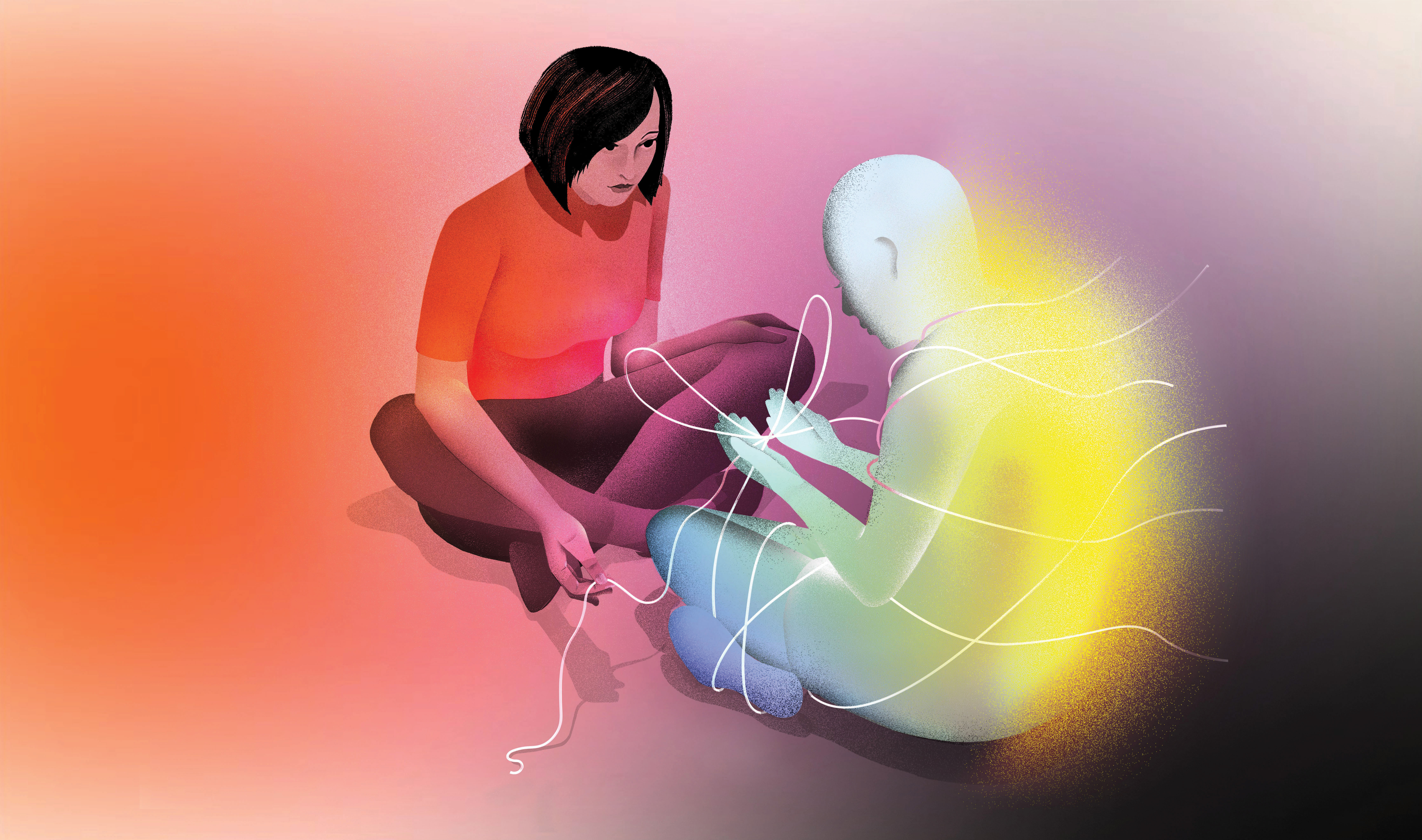 A Loving Death Illustration by Brain Stauffer of a person and a shadow tying knots