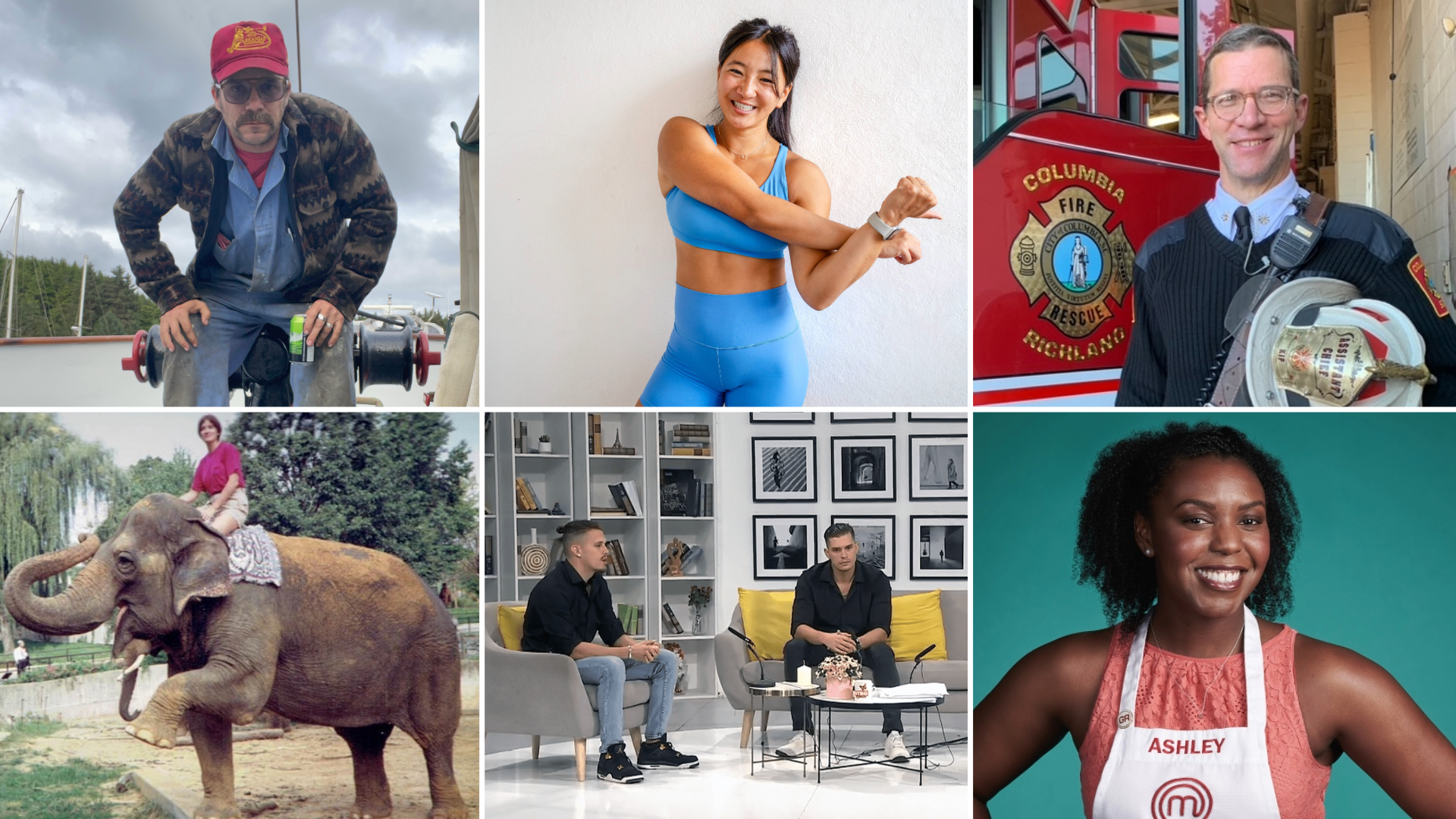 A 2x3 grid of diverse portraits including a fisherman on a boat, a woman in an office, a fire chief, a woman riding an elephant, two men in a studio interview, and a woman in a MasterChef apron.