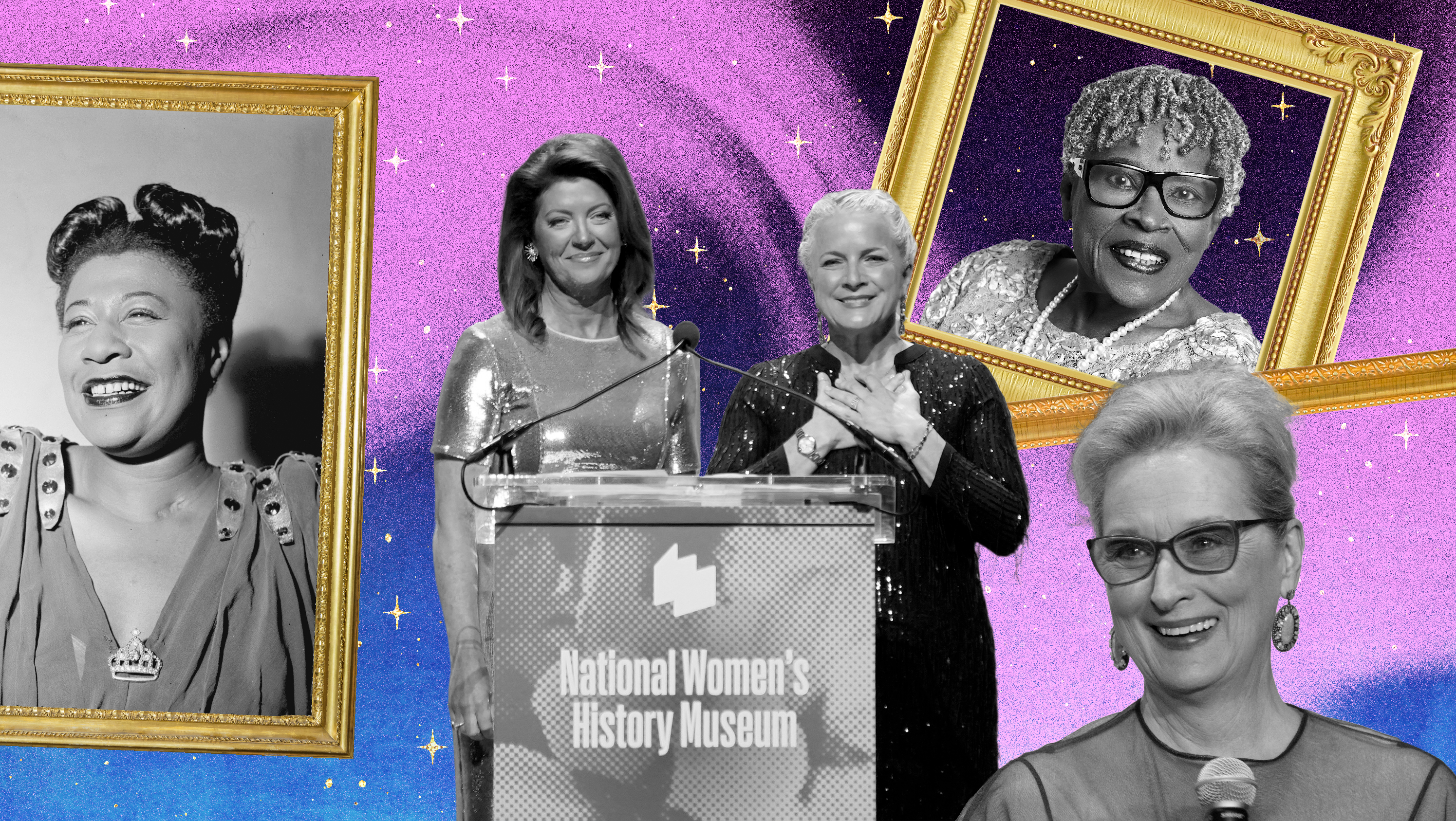 pink, blue, and gold collage of Ella Fitzgerald, Meryl Streep, and Dr. Opal Lee alongside CEO Frederique Champagne Irwin ‘96