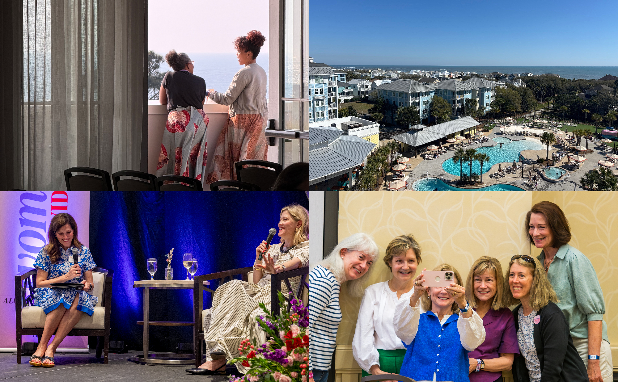 Four images: two women looking out of a window, a scenic beach view, two women onstage at event, group of women taking a selfie