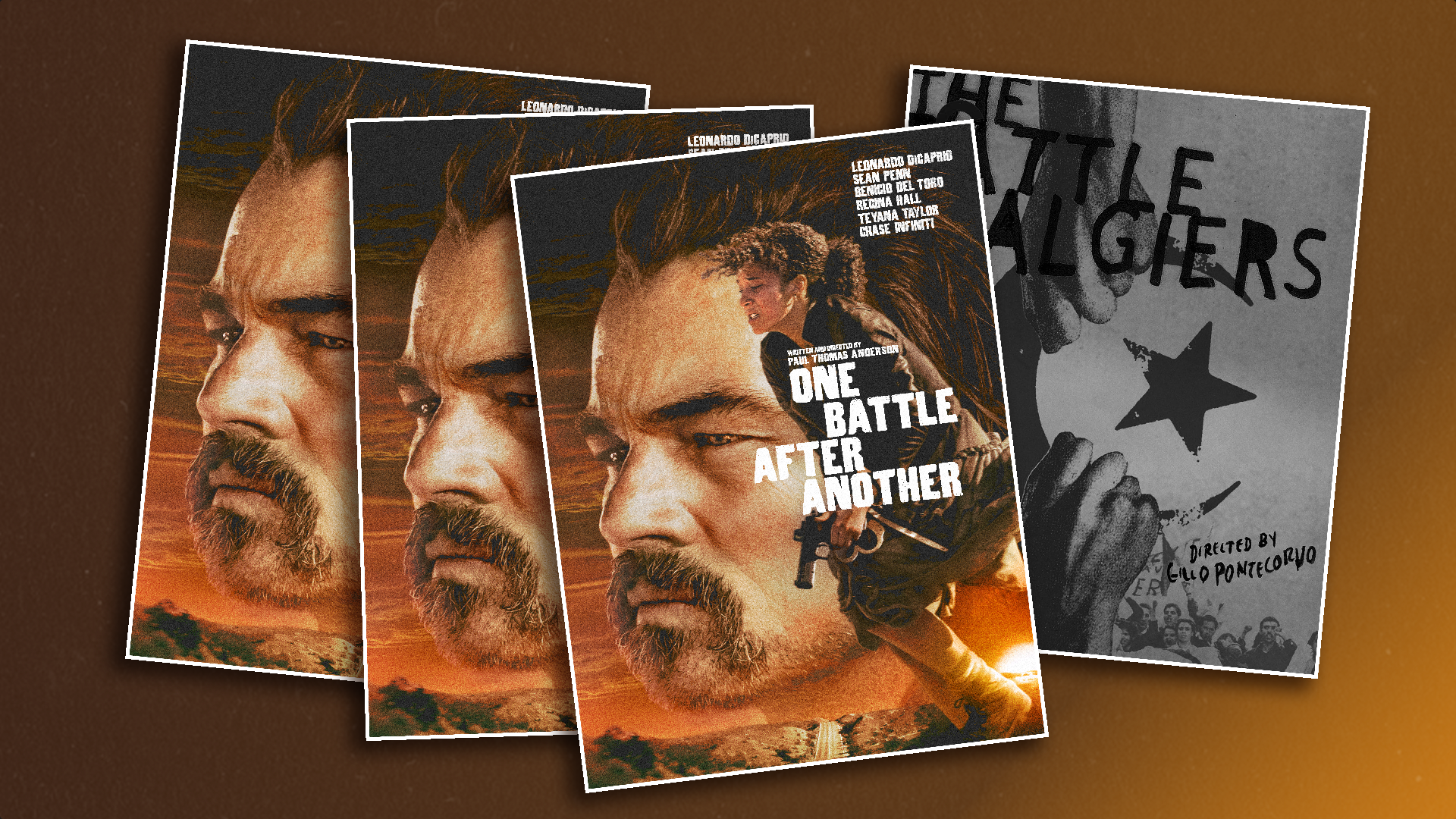 Three movie posters with Leo DeCaprio's face and a black and white poster