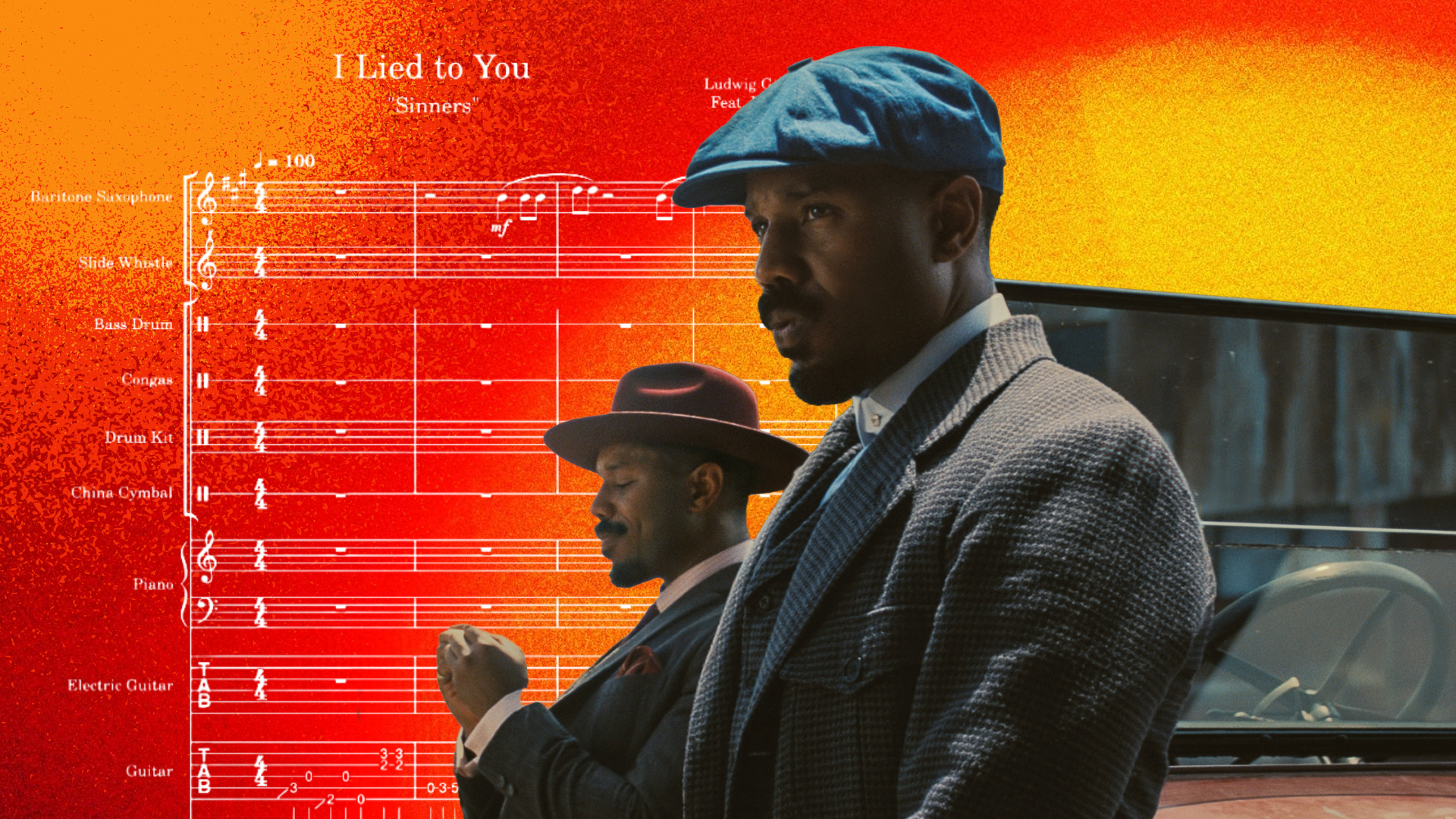 Two men in vintage suits and hats, one in a blue flat cap and another in a maroon fedora, are layered over a vibrant orange and red background featuring musical sheet music titled "I Lied to You" from the film "Sinners."