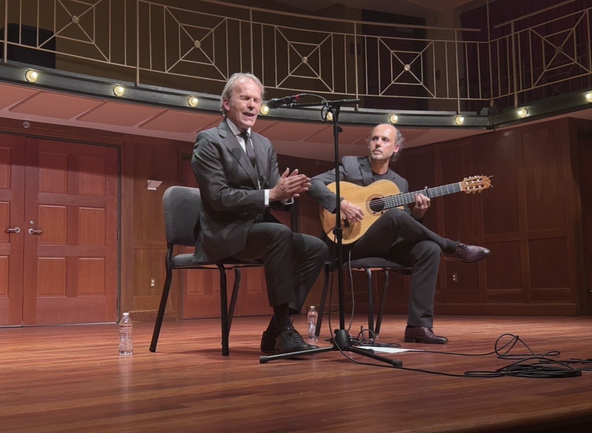 Flamenco cantaor David Pino and guitarist Guillermo Guillén on stage at Davidson College