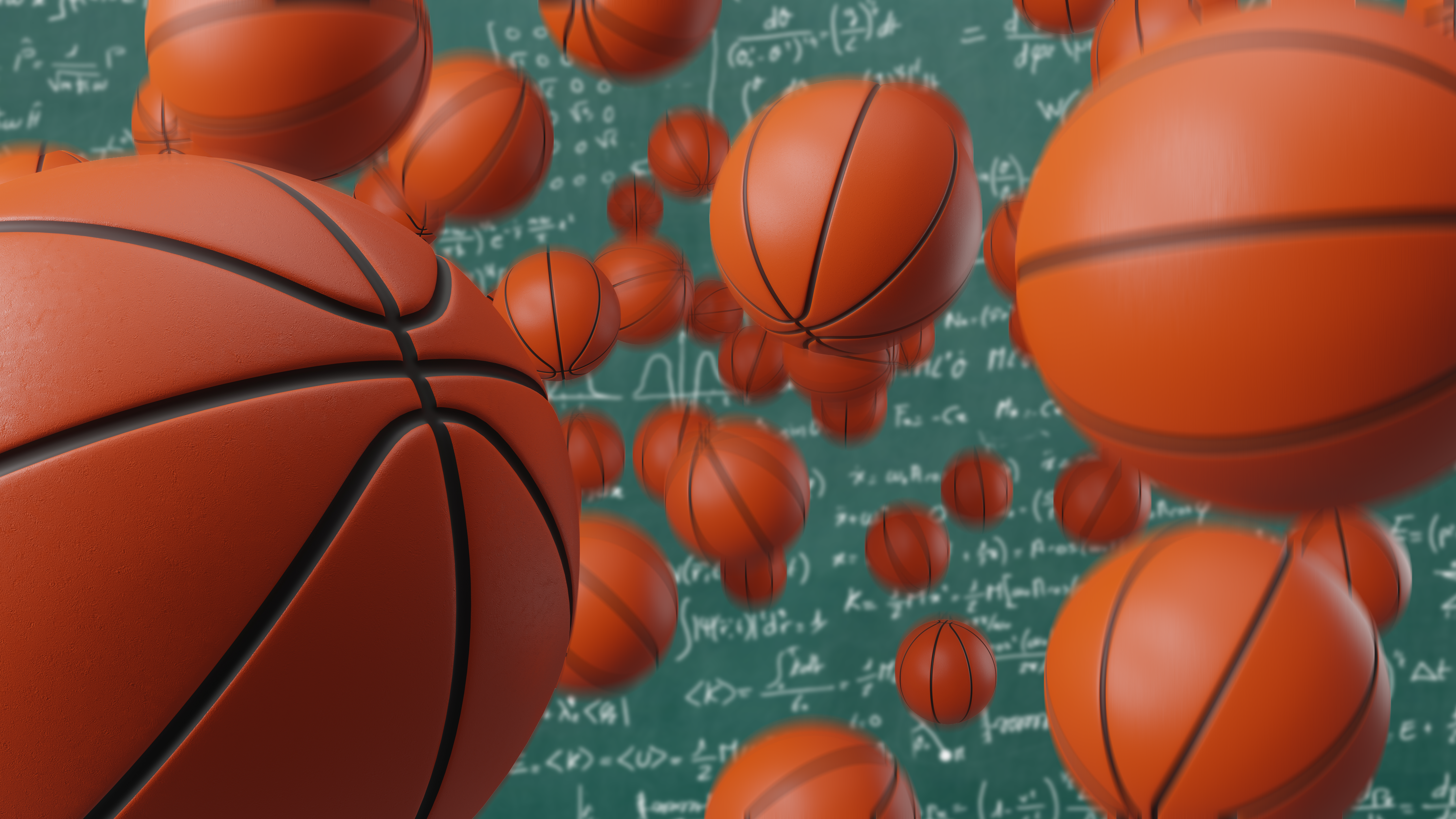 Bouncing basketballs on a chalkboard background with mathematic equations on it