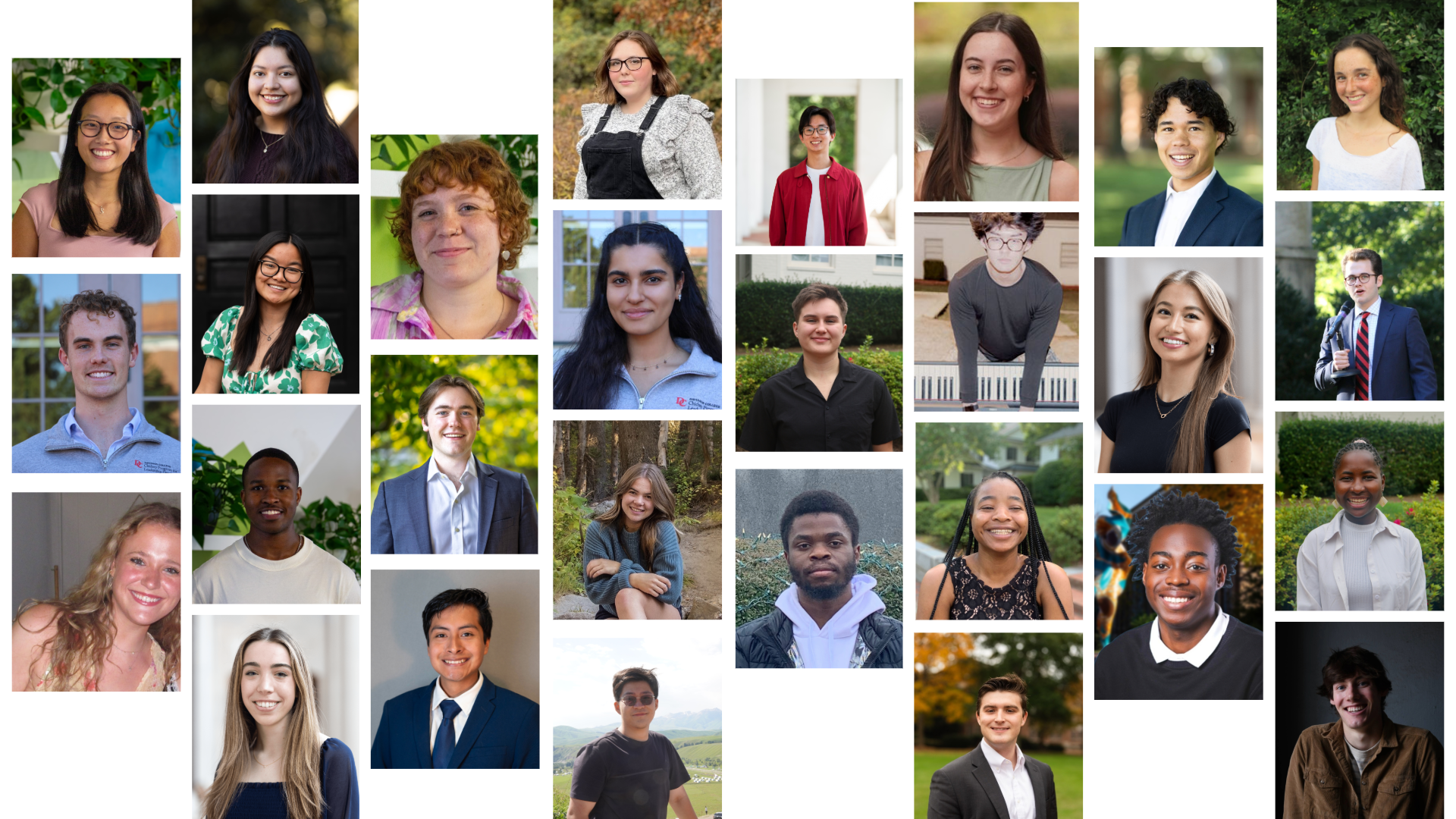 A collage of professional and casual headshots featuring a diverse group of over 20 smiling young adults, arranged in a grid-like pattern against a white background.