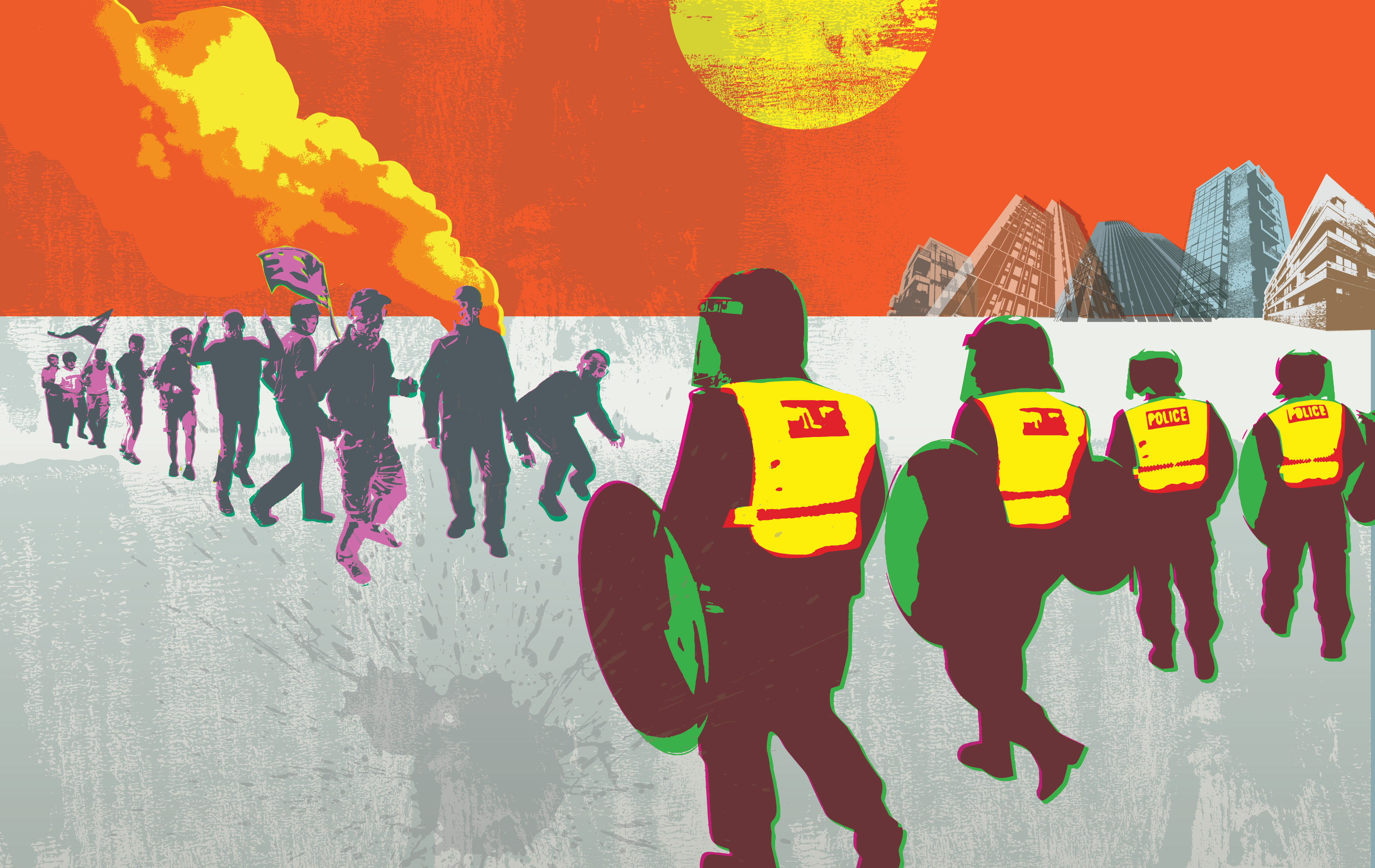 Anatomy of Unrest Main Illustration of men in uniform against protestors