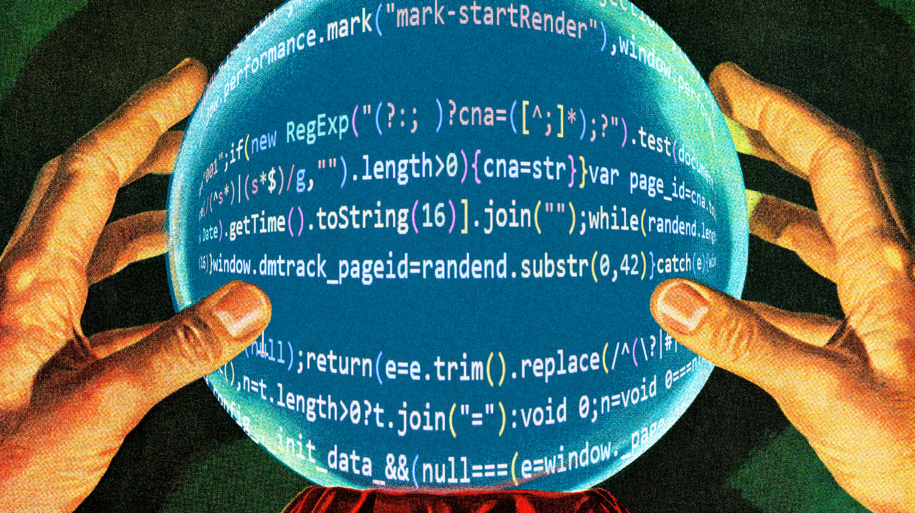 Illustration of a crystal ball filled with programmer code