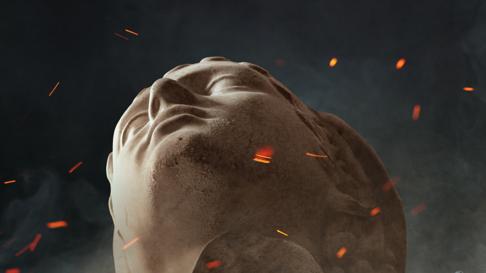 Close-up, low-angle view of a stone classical bust tilted backward against a dark, smoky background with floating orange embers