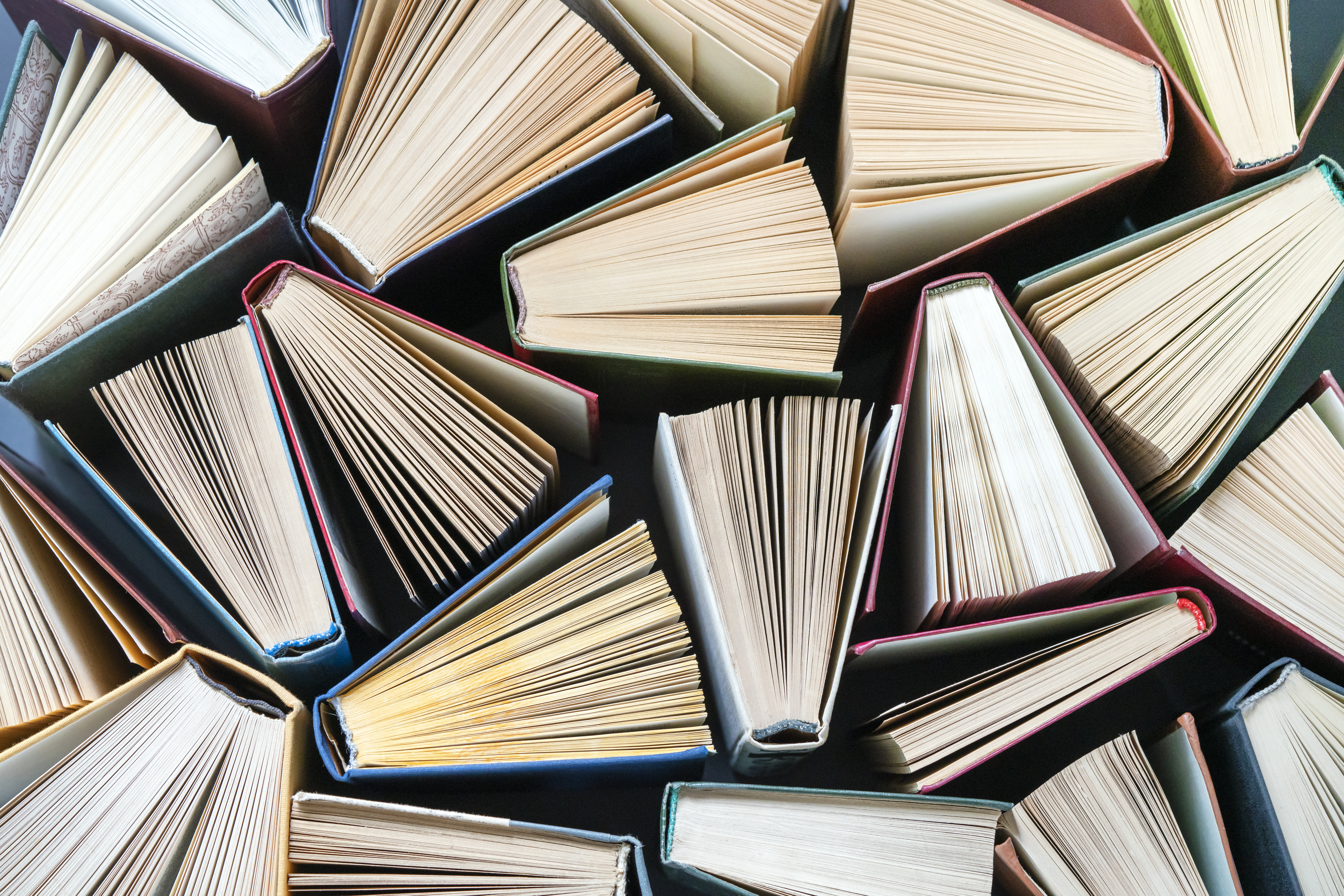 An overhead, top-down view of dozens of hardcover books arranged tightly together, each standing partially open with their paper pages fanning outward to form a geometric pattern.