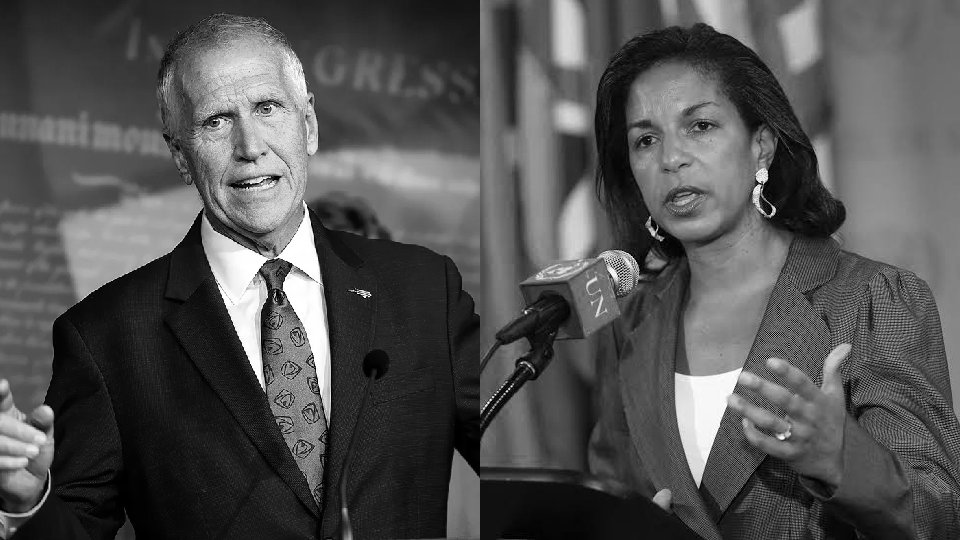 Composite image of Tom Tillis in a suit and Susan Rice in a suit