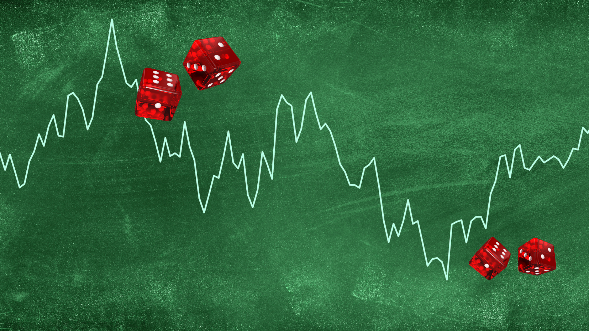 A line graph depicting financial market fluctuations overlaid on a green chalkboard background, accompanied by scattered red dice.