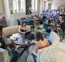 Students gather on the first day of class in the Lilly Gallery Interim Library 2025