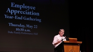 President Doug Hicks ’90 thanked and congratulated employees on a successful academic year during the Employee Appreciation event