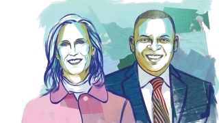 a painting of a woman and a man smiling