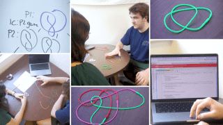 a compilation of images of student and professor looking at knots at a desk and computer