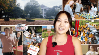 a young woman surrounded by pictures from her first week at Davidson College