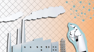 a graphic of a factory and robotic hand