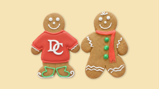 Two gingerbread people with red, white and green icing