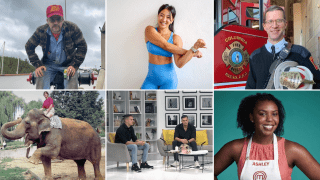 A 2x3 grid of diverse portraits including a fisherman on a boat, a woman in an office, a fire chief, a woman riding an elephant, two men in a studio interview, and a woman in a MasterChef apron.