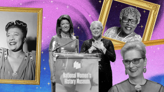 pink, blue, and gold collage of Ella Fitzgerald, Meryl Streep, and Dr. Opal Lee alongside CEO Frederique Champagne Irwin ‘96