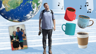 A student stands outside with a collage of items over him—a globe, selfie, coffee cup, microphone, and airplane