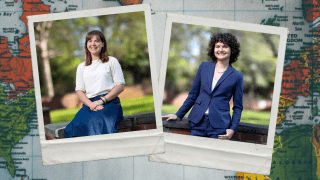 Two instant-print style photographs of two smiling individuals are positioned side-by-side against a background map showing the Atlantic Ocean, North America, and Europe.