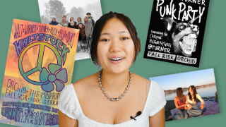 Ellie Kim '29 on a green background with posters and photos collaged behind them