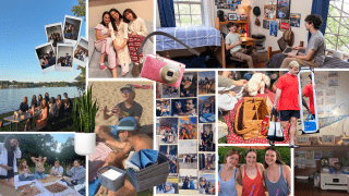 A collage of college student memories—including dorm life, picnics, beach trips, and study sessions—interspersed with dorm packing essentials like storage bins, a plant, and a mirror.