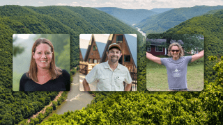 Three individual headshots of outdoor enthusiasts overlaid on a panoramic view of a lush, forested mountain valley with a winding river below.