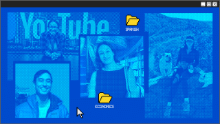 A blue retro computer window with a retro, pixelated cursor and pixelated light blue images