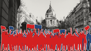 Illustrative red and blue silhouettes of protesters raising their arms and flags stand in front of a black-and-white photograph of the historic Sorbonne University building in Paris.