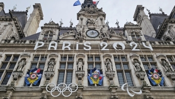 View of Olympic rings in front of Paris City Hall 2024 