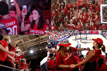 a compilation of images of students in red jerseys and tee shirts at a basketball game