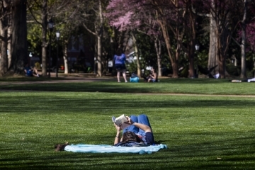 a young woman reads a book while laying on a blanket on a grassy lawn