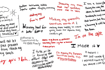 a compilation of handwritten notes in red and black about being first generation